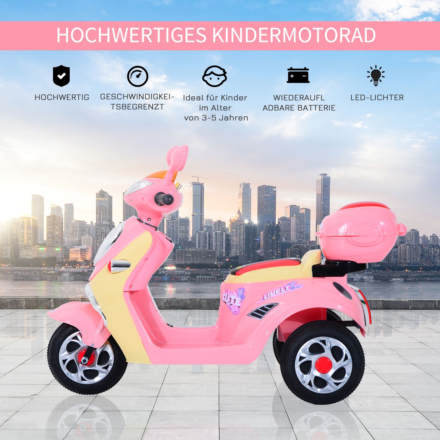 Elmotorcykel för barn – 6V, Trehjuling, Rosa/Gul