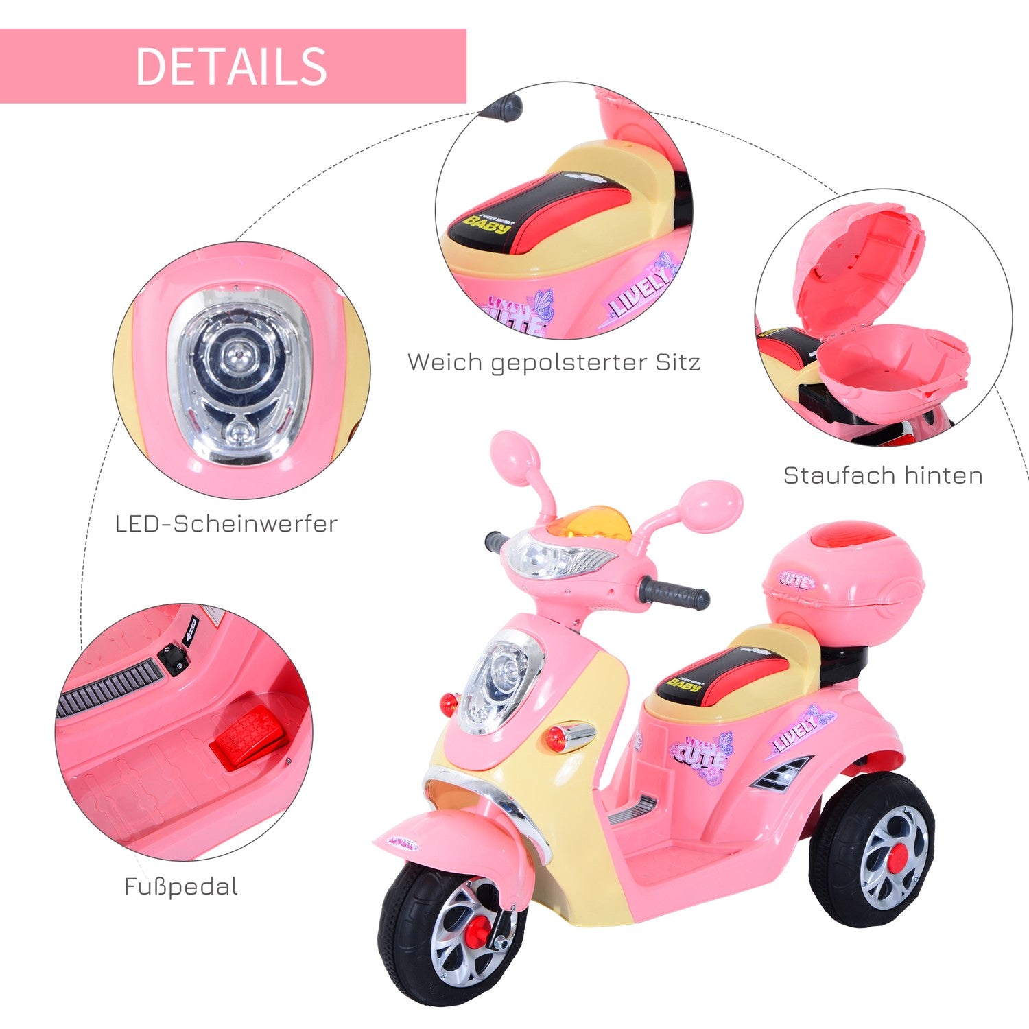 Elmotorcykel för barn – 6V, Trehjuling, Rosa/Gul
