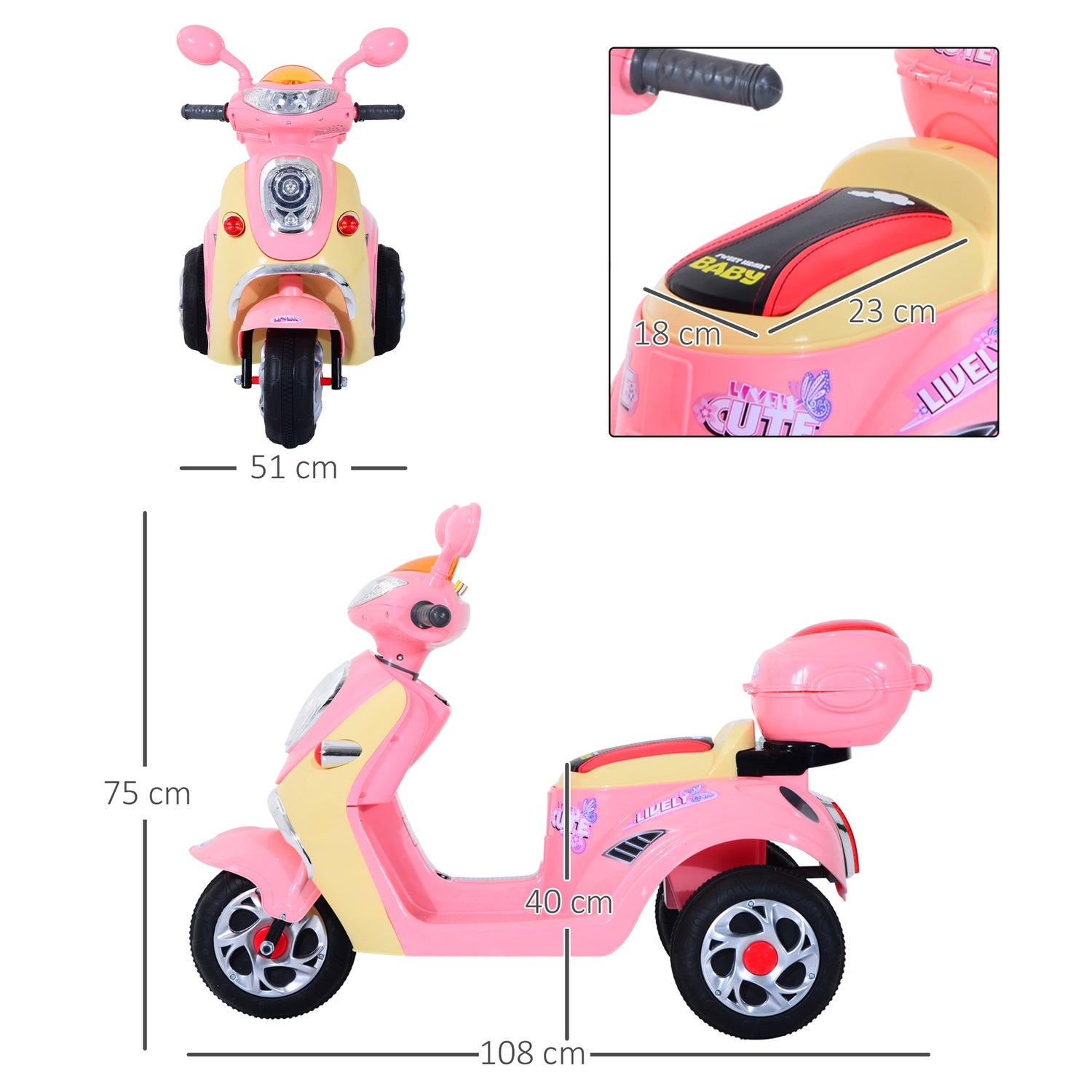 Elmotorcykel för barn – 6V, Trehjuling, Rosa/Gul