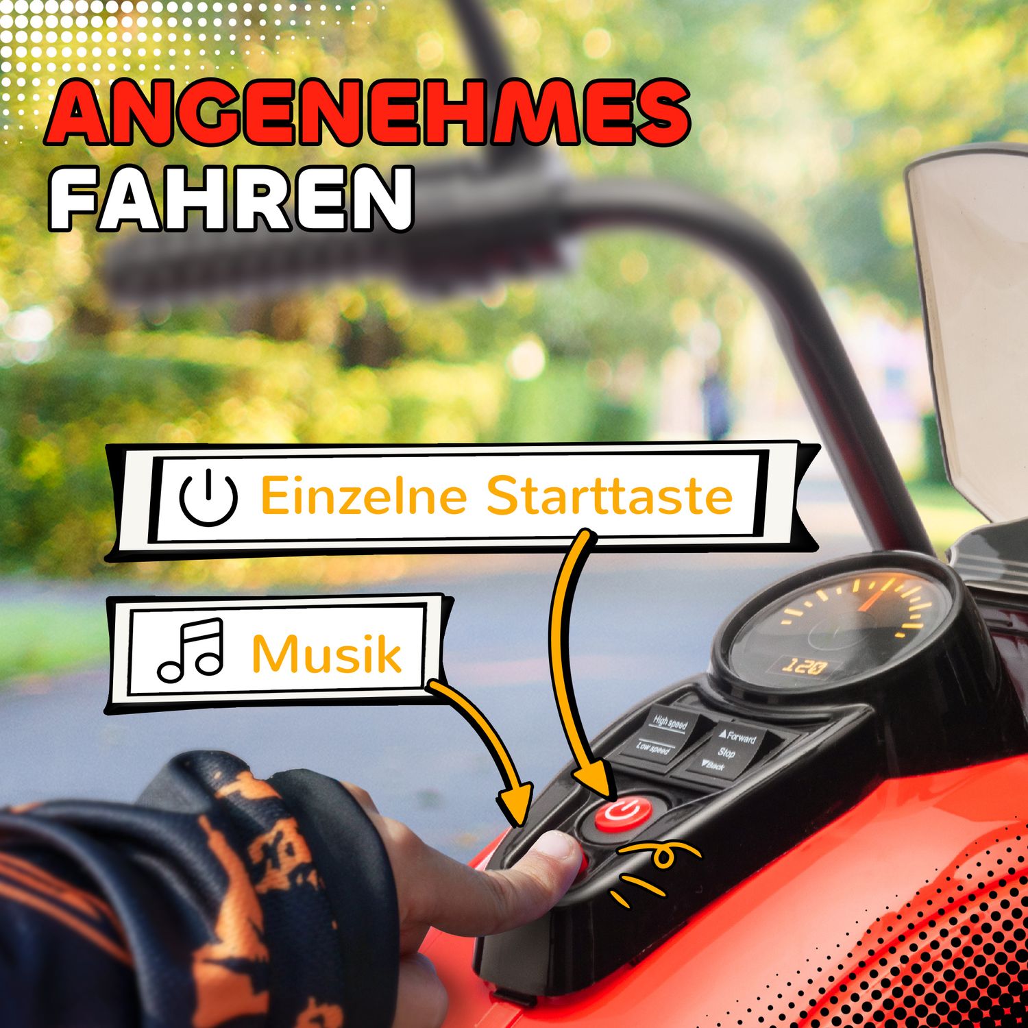 Elmotorcykel för barn, LED, Musik, 3-6 år, Röd