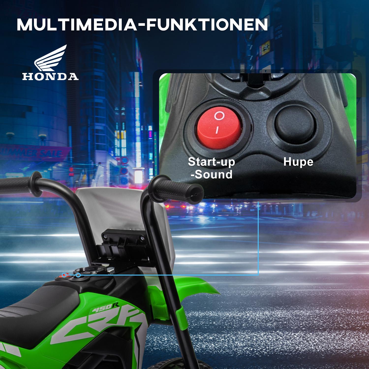 Elmotorcykel för barn, grön, 6V, med horn och musik