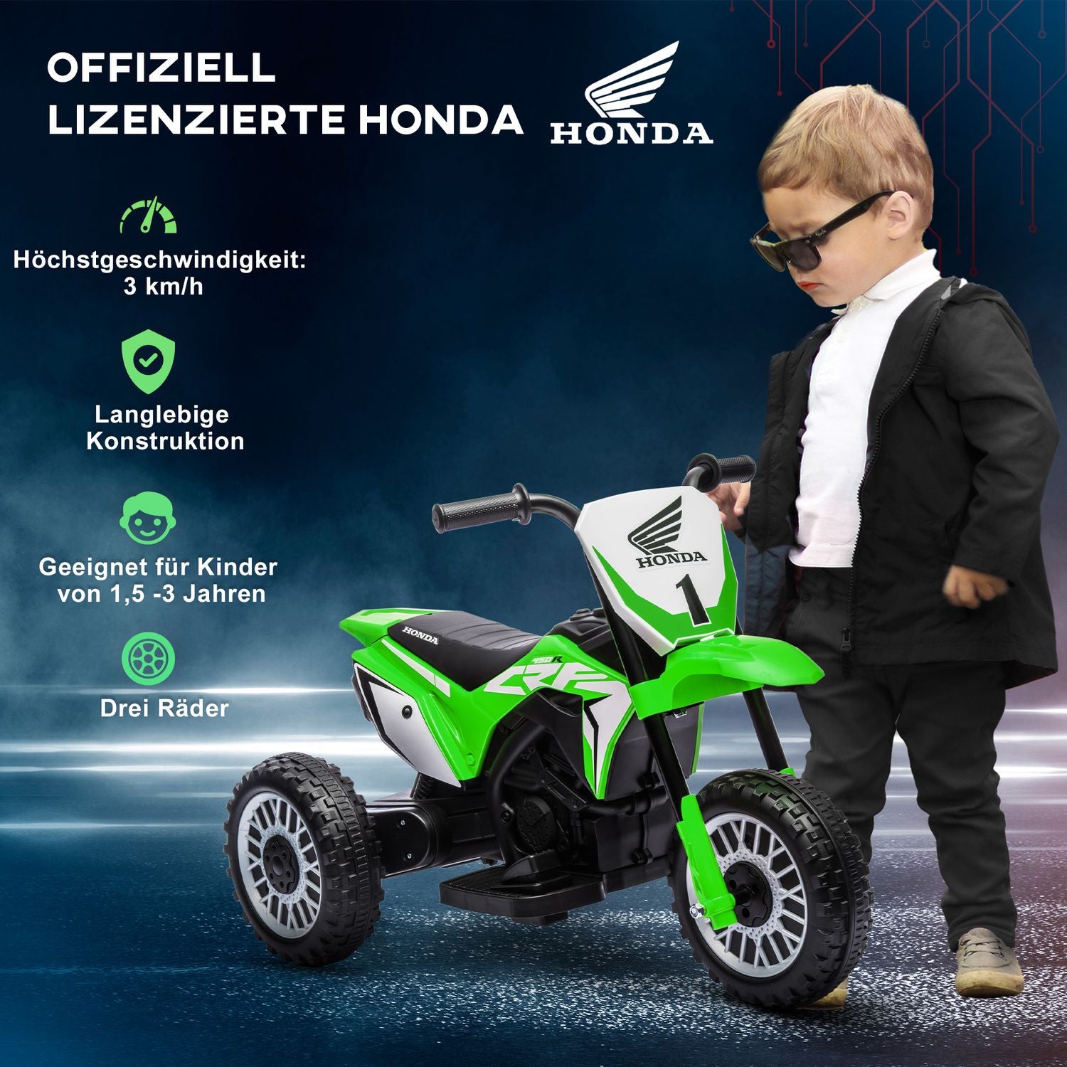 Elmotorcykel för barn, grön, 6V, med horn och musik