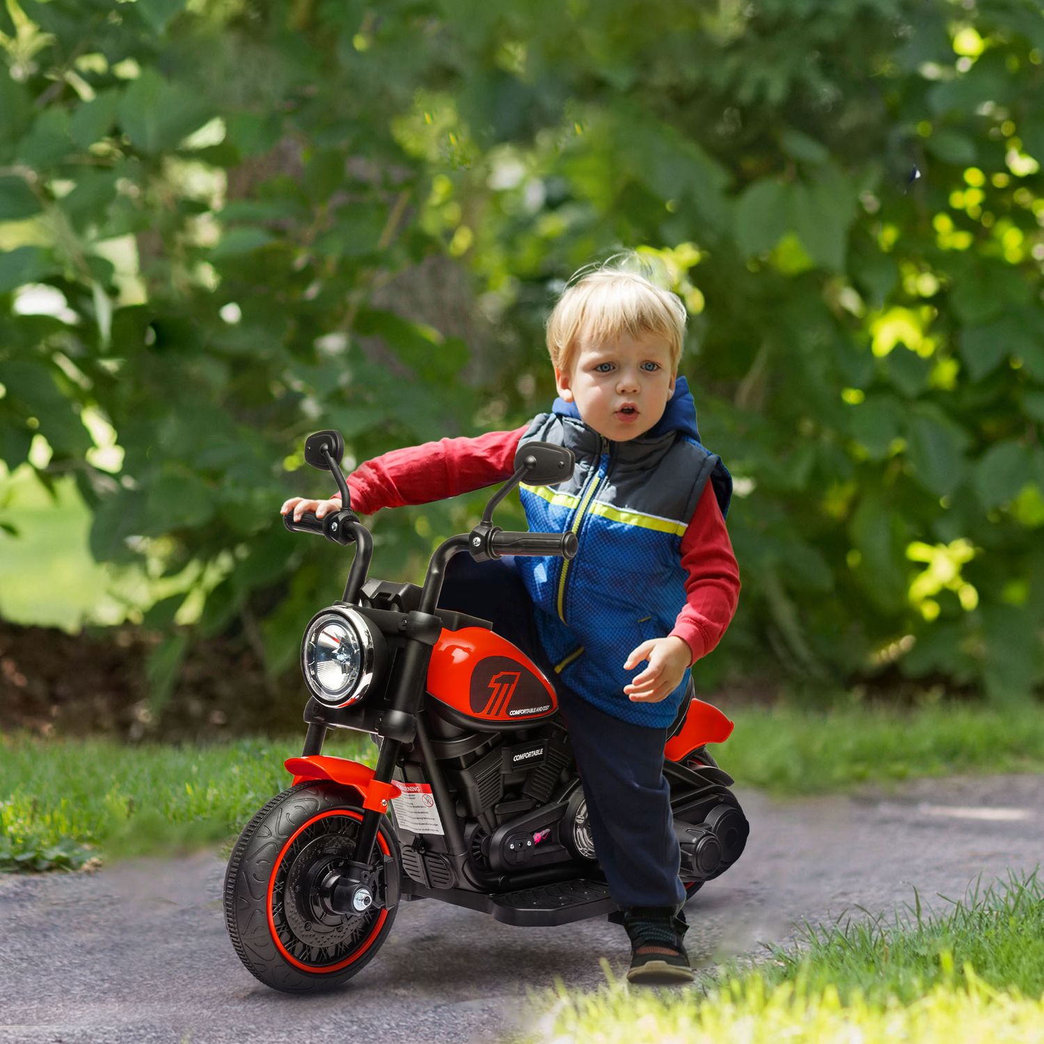 Elmotorcykel för barn, röd, med träningshjul, 3 km/h