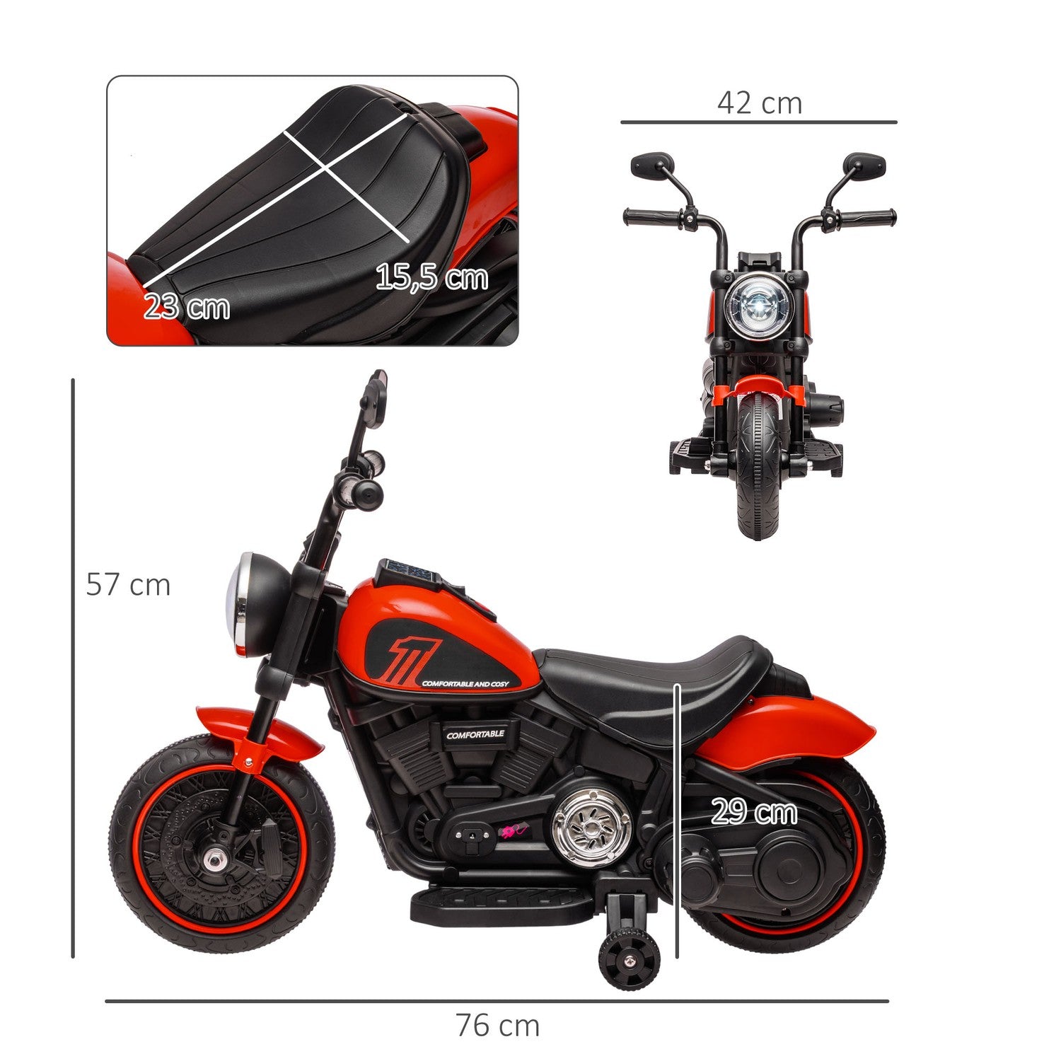 Elmotorcykel för barn, röd, med träningshjul, 3 km/h