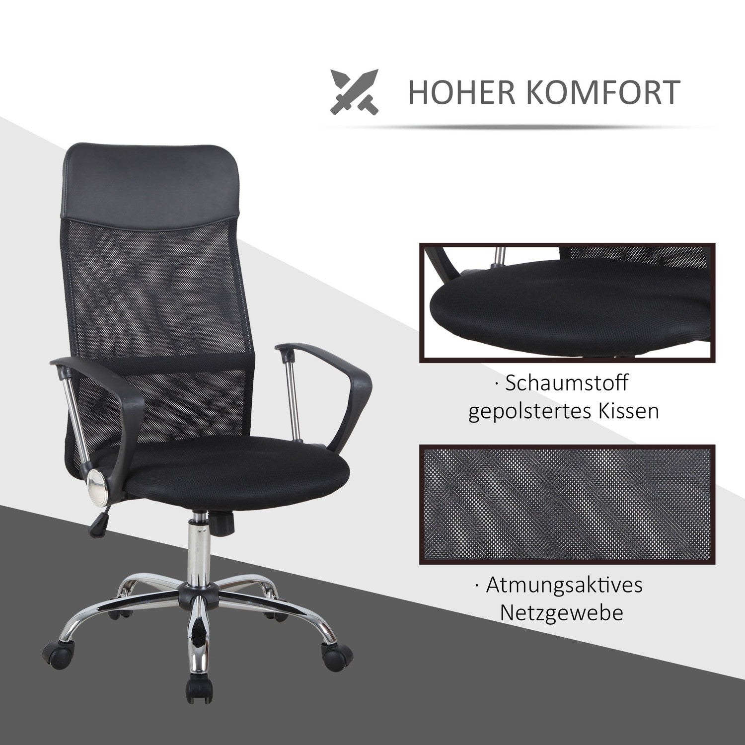 Ergonomisk svart svängbar spelstol, meshskum, justerbar höjd
