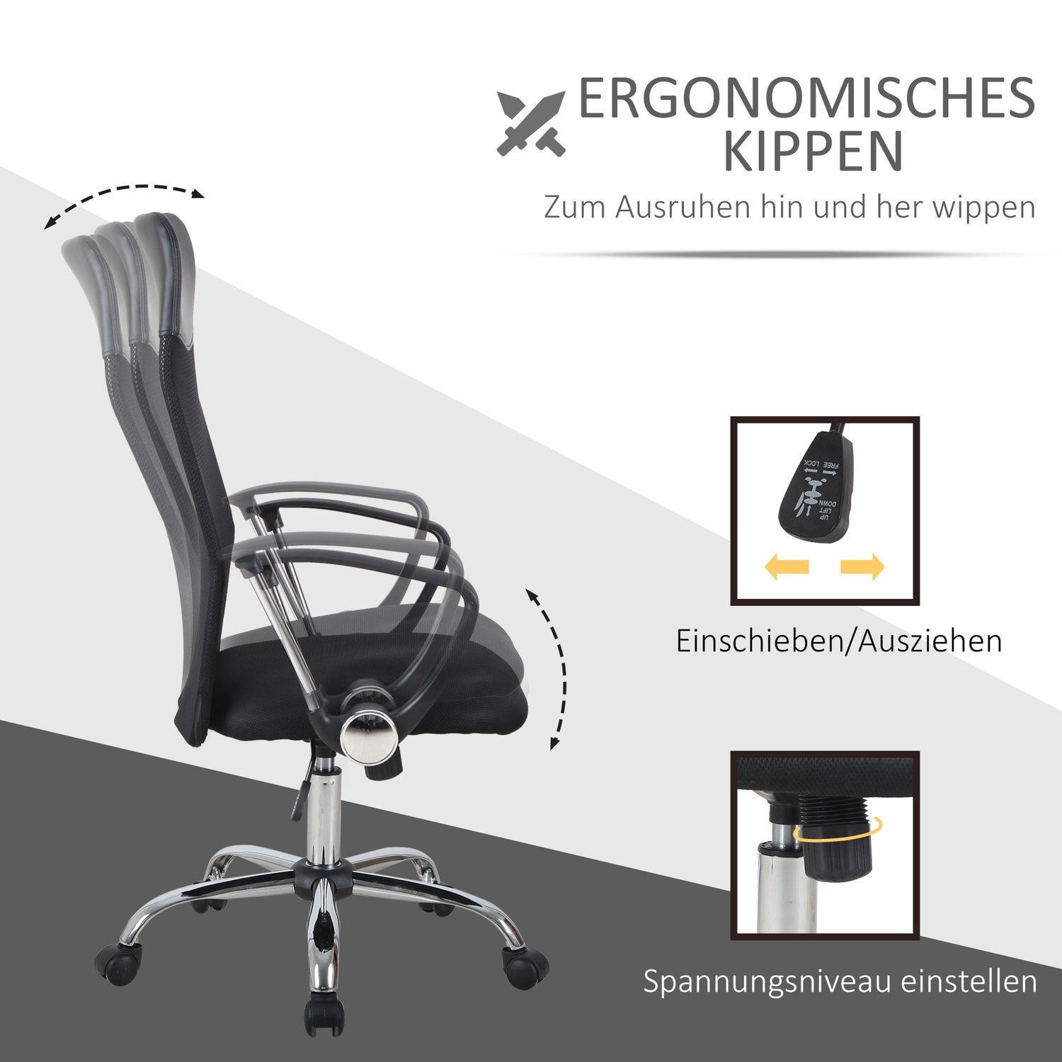 Ergonomisk svart svängbar spelstol, meshskum, justerbar höjd