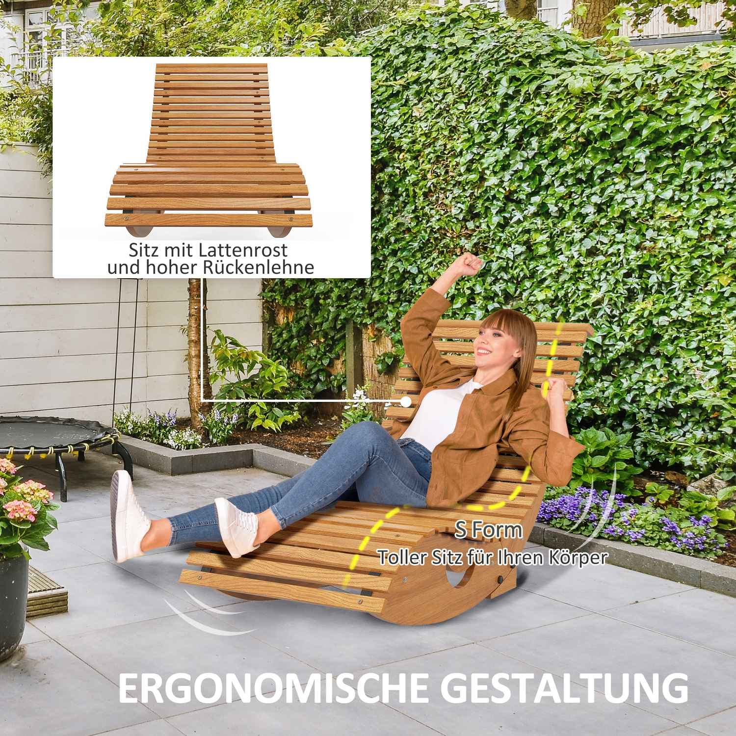Ergonomisk gungstol i trä, teak, kapacitet 120 kg