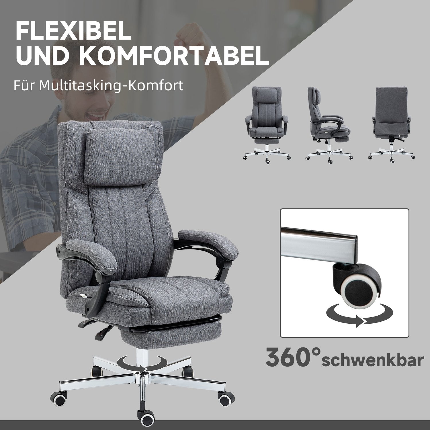 Ergonomisk kontorsstol, Liggande, Massage, Grå
