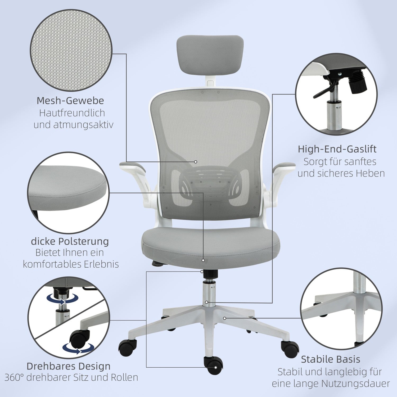 Ergonomisk kontorsstol, hög rygg med svankstöd, grå