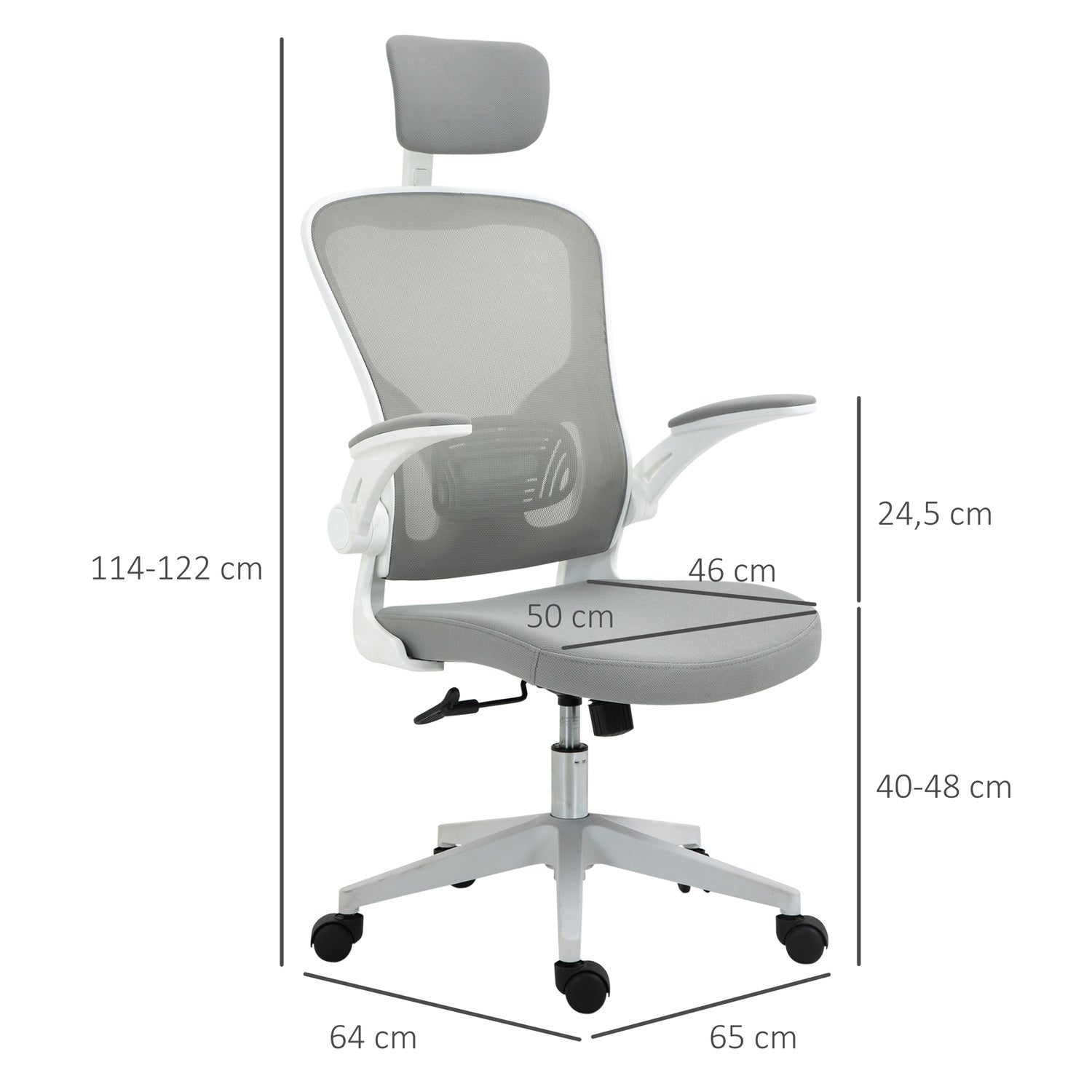 Ergonomisk kontorsstol, hög rygg med svankstöd, grå