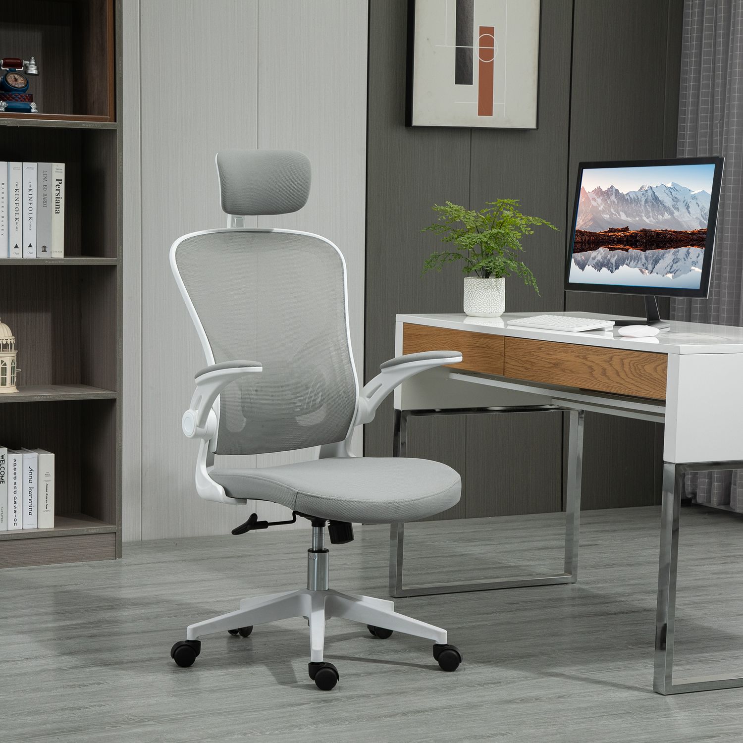 Ergonomisk kontorsstol, hög rygg med svankstöd, grå