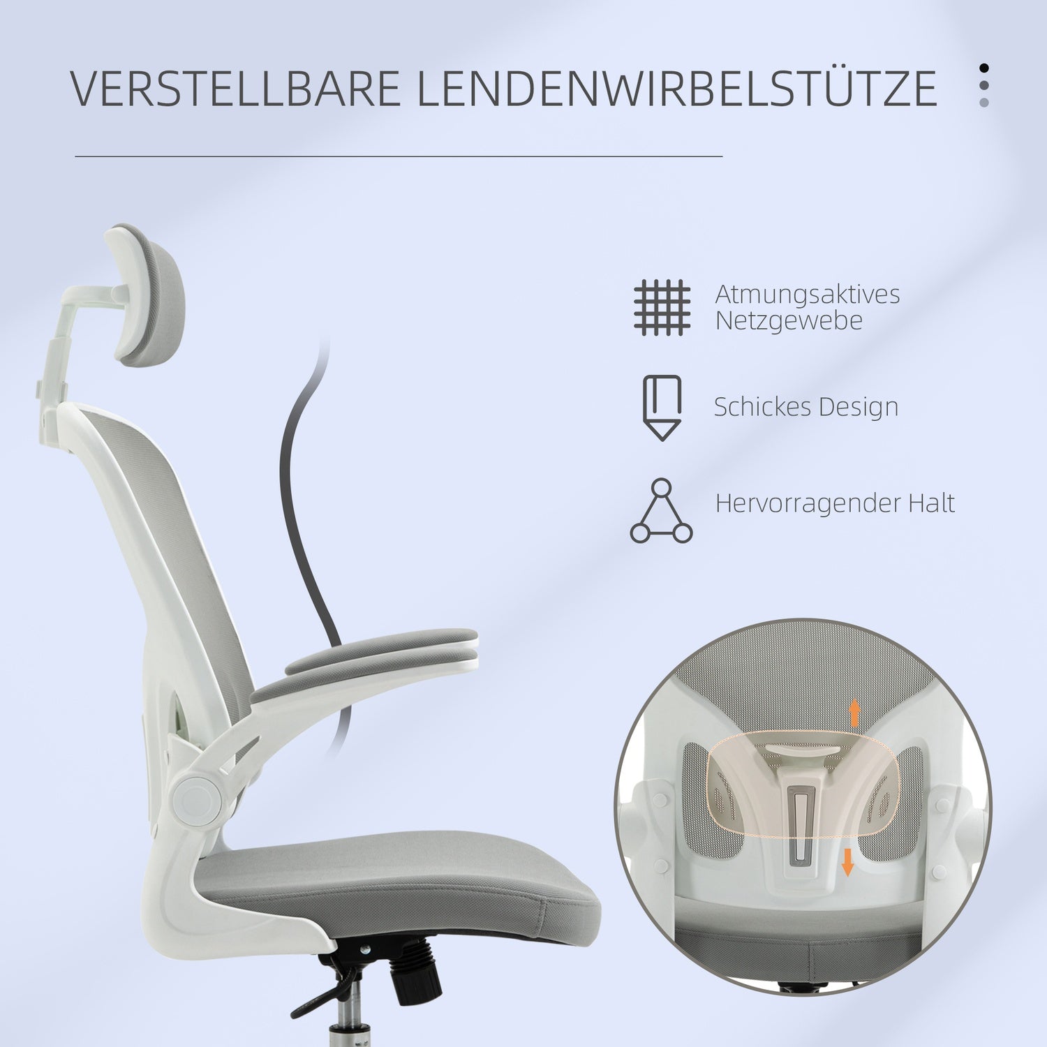 Ergonomisk kontorsstol, hög rygg med svankstöd, grå