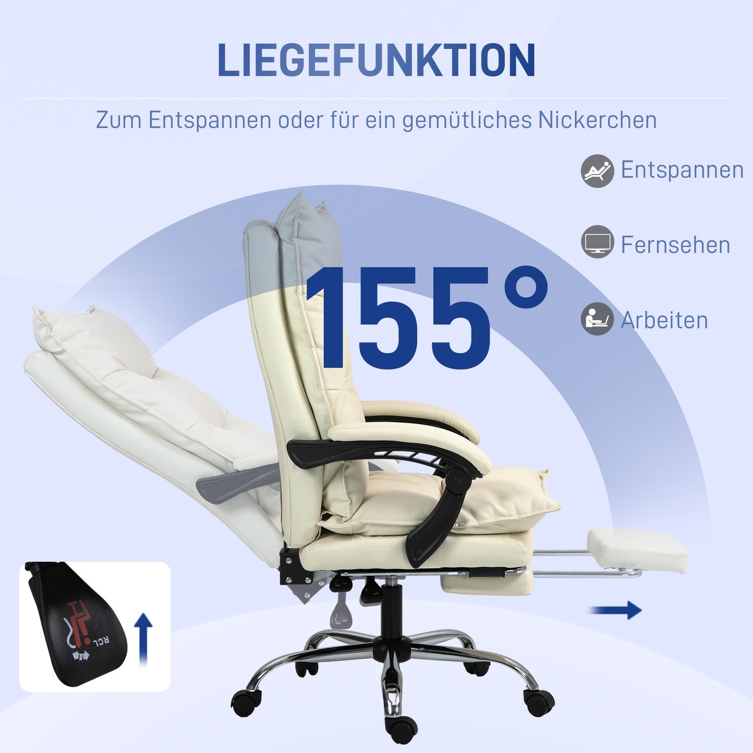 Ergonomisk kontorsstol, höjdjusterbar, 155° lutning, beige