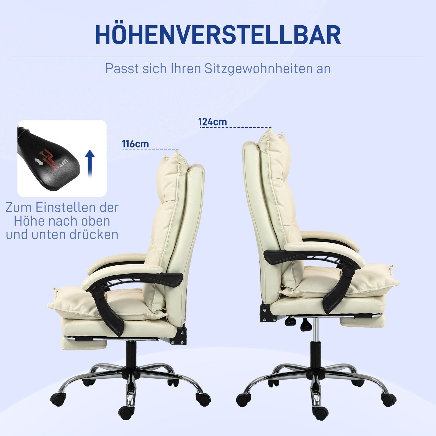 Ergonomisk kontorsstol, höjdjusterbar, 155° lutning, beige