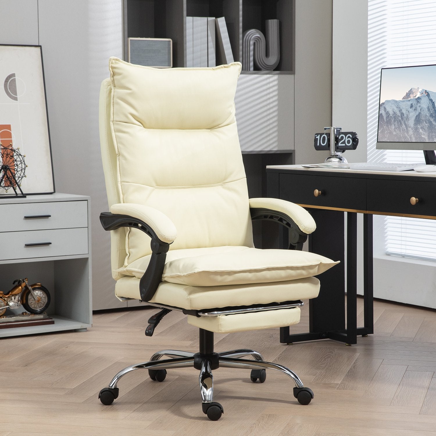 Ergonomisk kontorsstol, höjdjusterbar, 155° lutning, beige