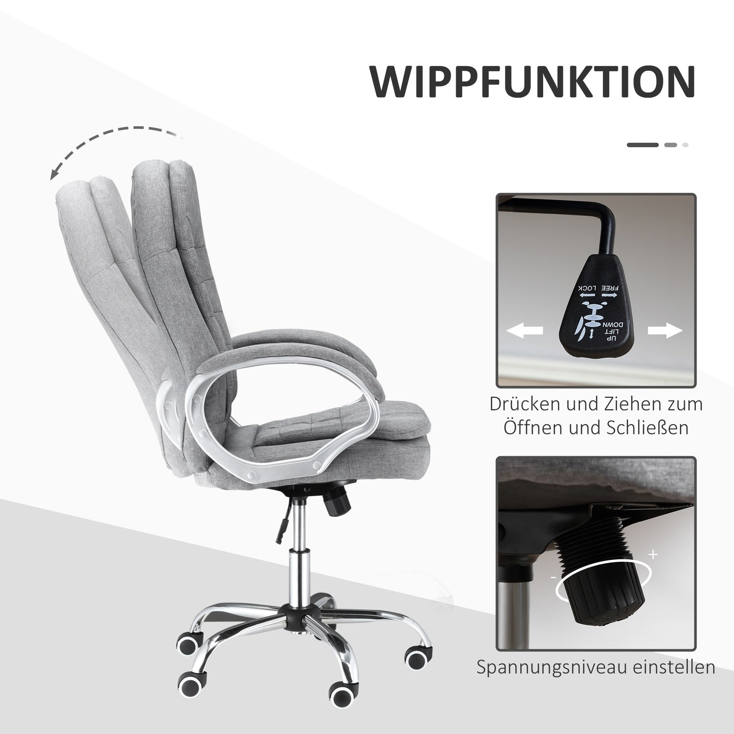 Ergonomisk kontorsstol i grått linne med rocker, justerbar höjd