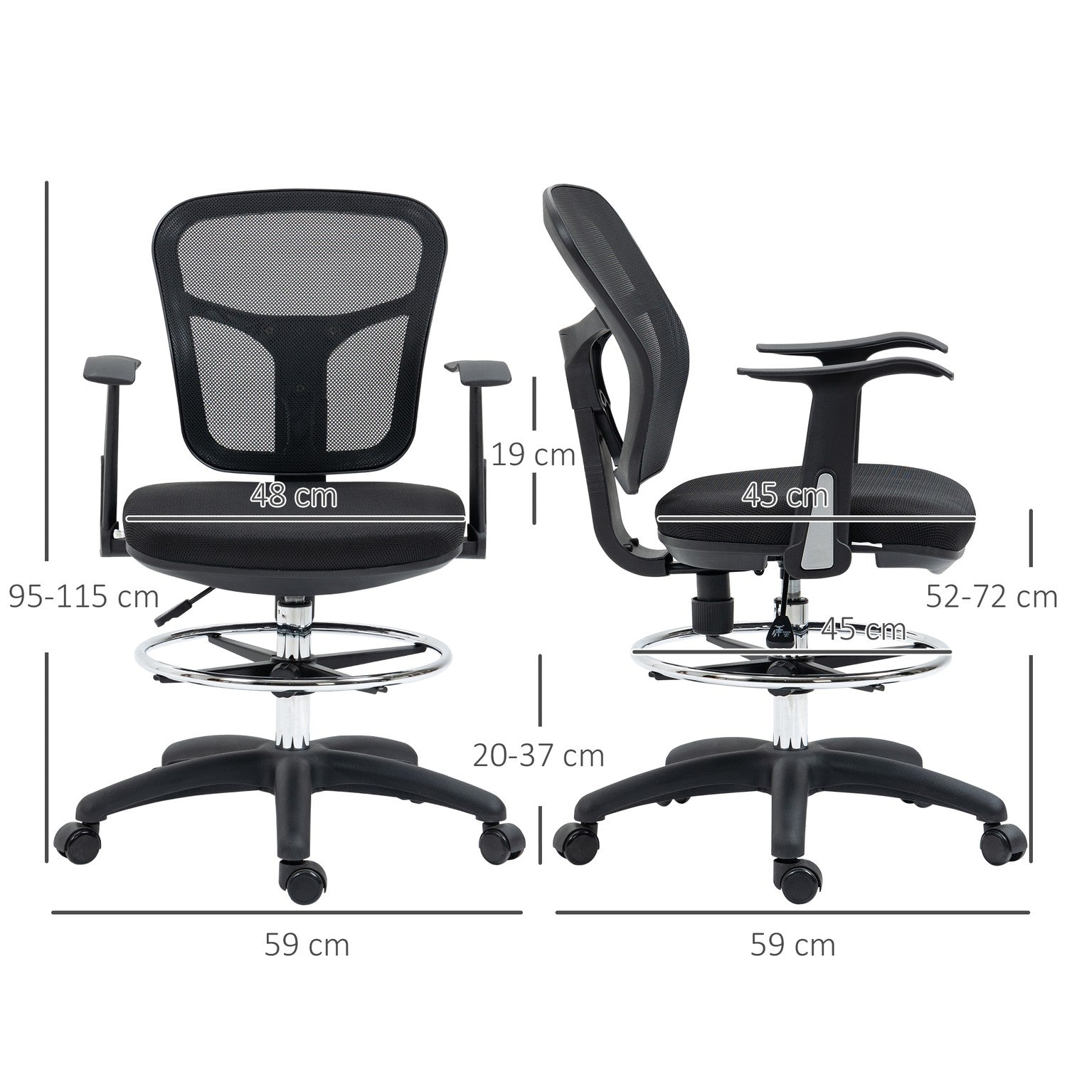 Ergonomisk kontorsstol i mesh, svart – justerbart armstöd och fotstöd