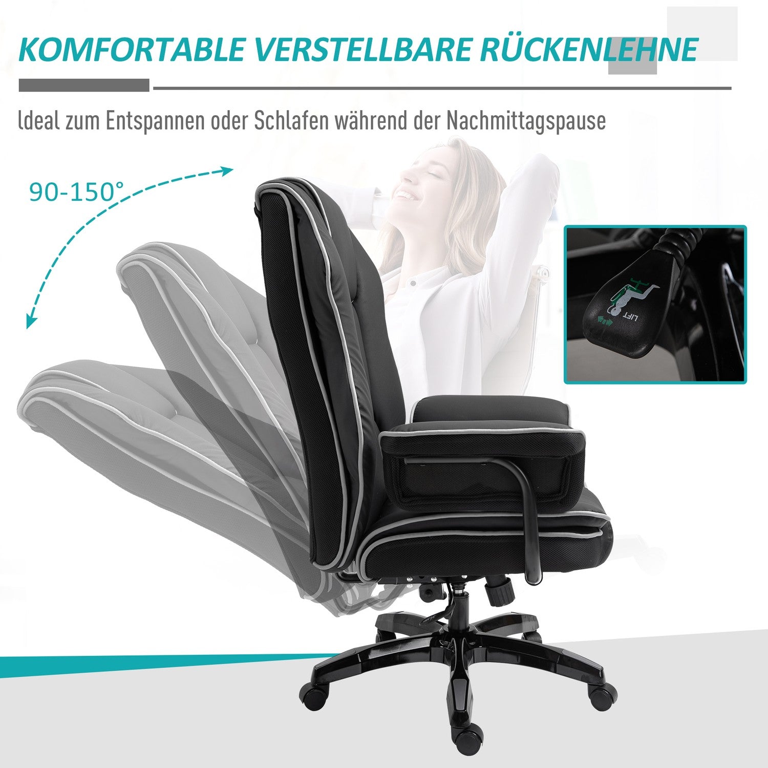 Ergonomisk kontorsstol i svart konstläder, justerbar med armstöd