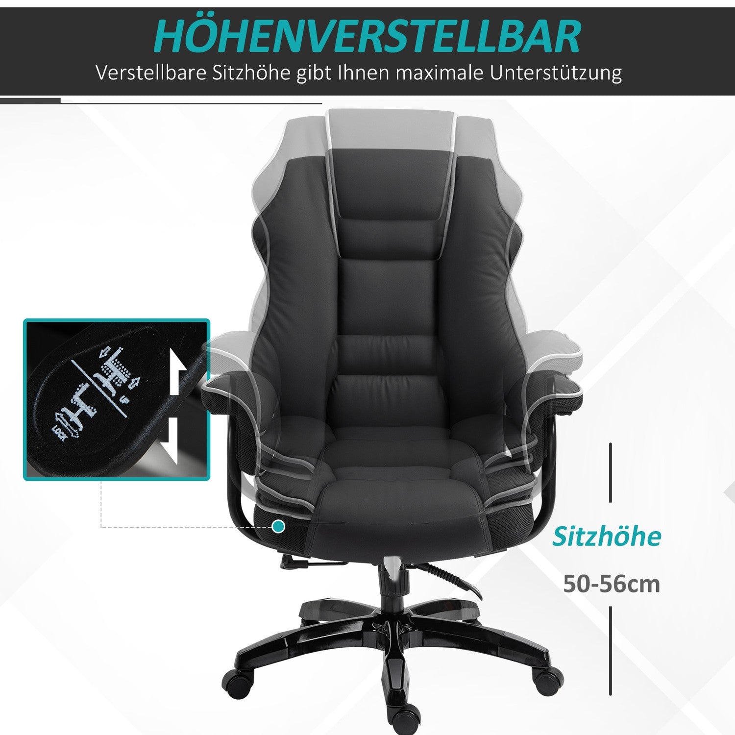 Ergonomisk kontorsstol i svart konstläder, justerbar med armstöd
