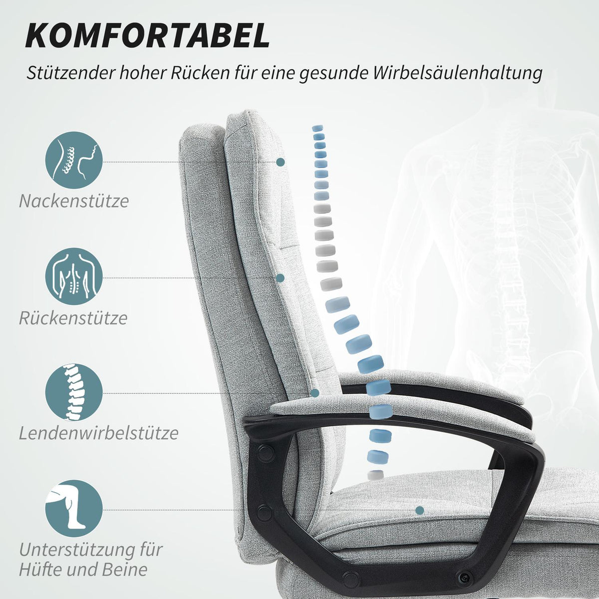Ergonomisk kontorsstol, justerbar med armstöd, grått linne