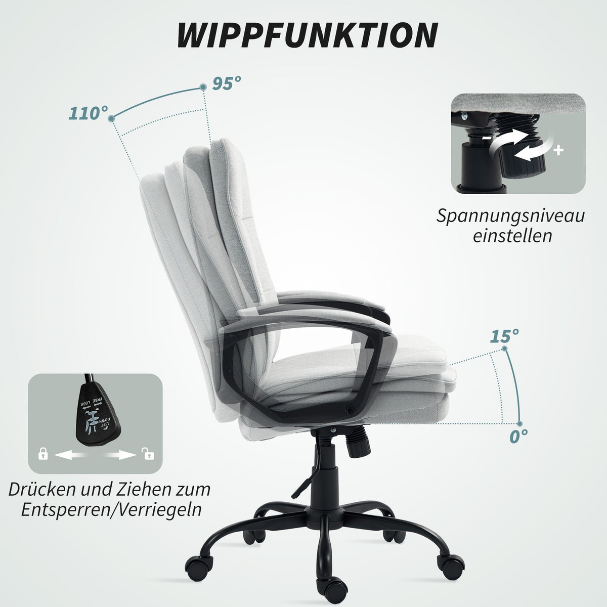 Ergonomisk kontorsstol, justerbar med armstöd, grått linne