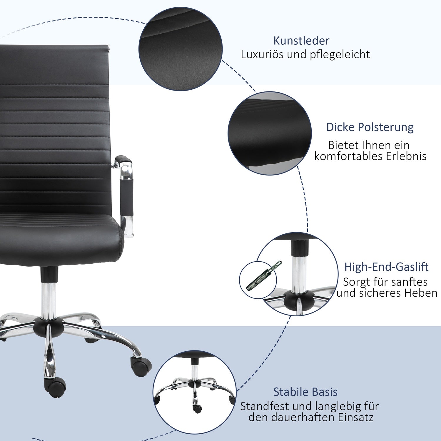 Ergonomisk kontorsstol, justerbart konstläder, svart