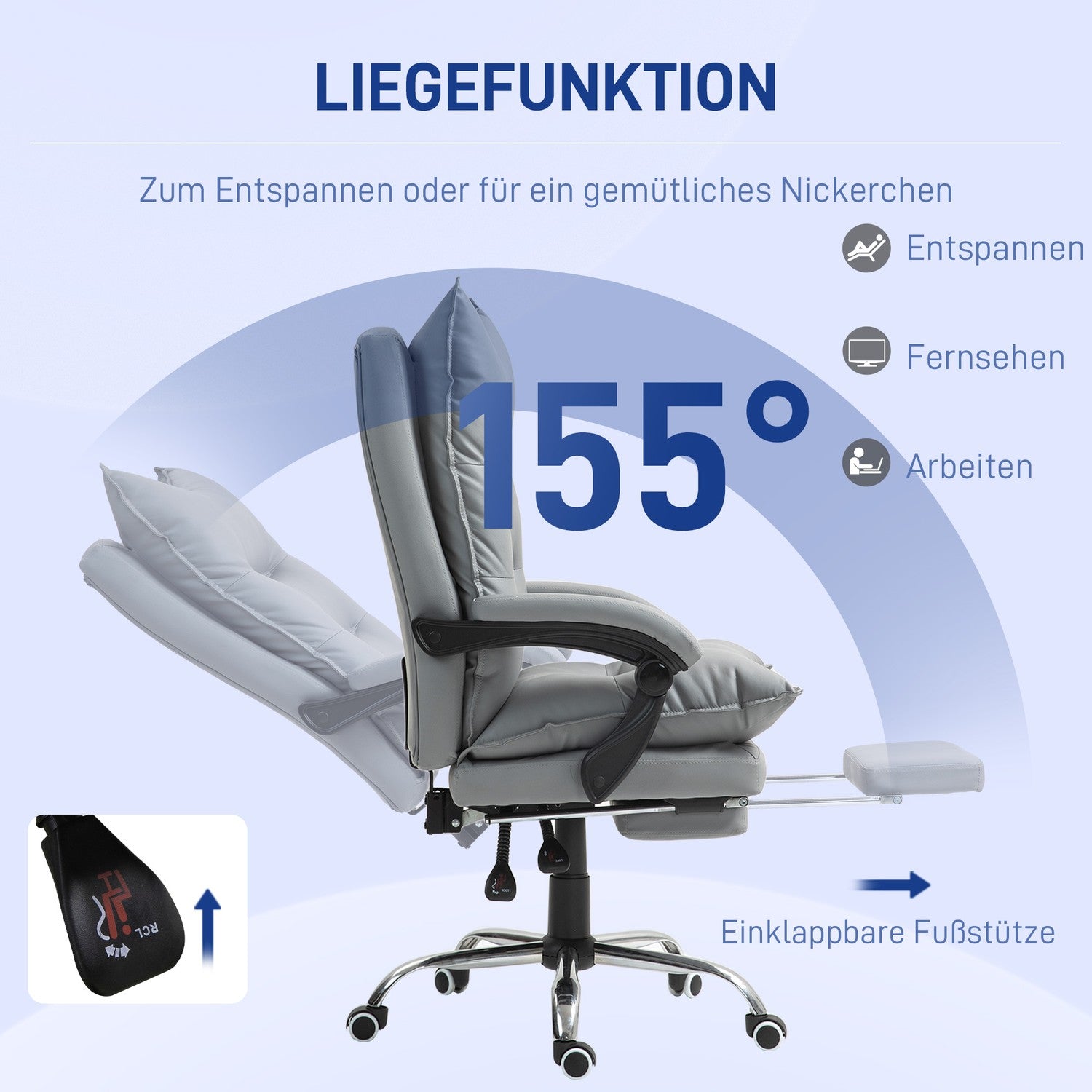 Ergonomisk kontorsstol med fotstöd, liggande och vadderat