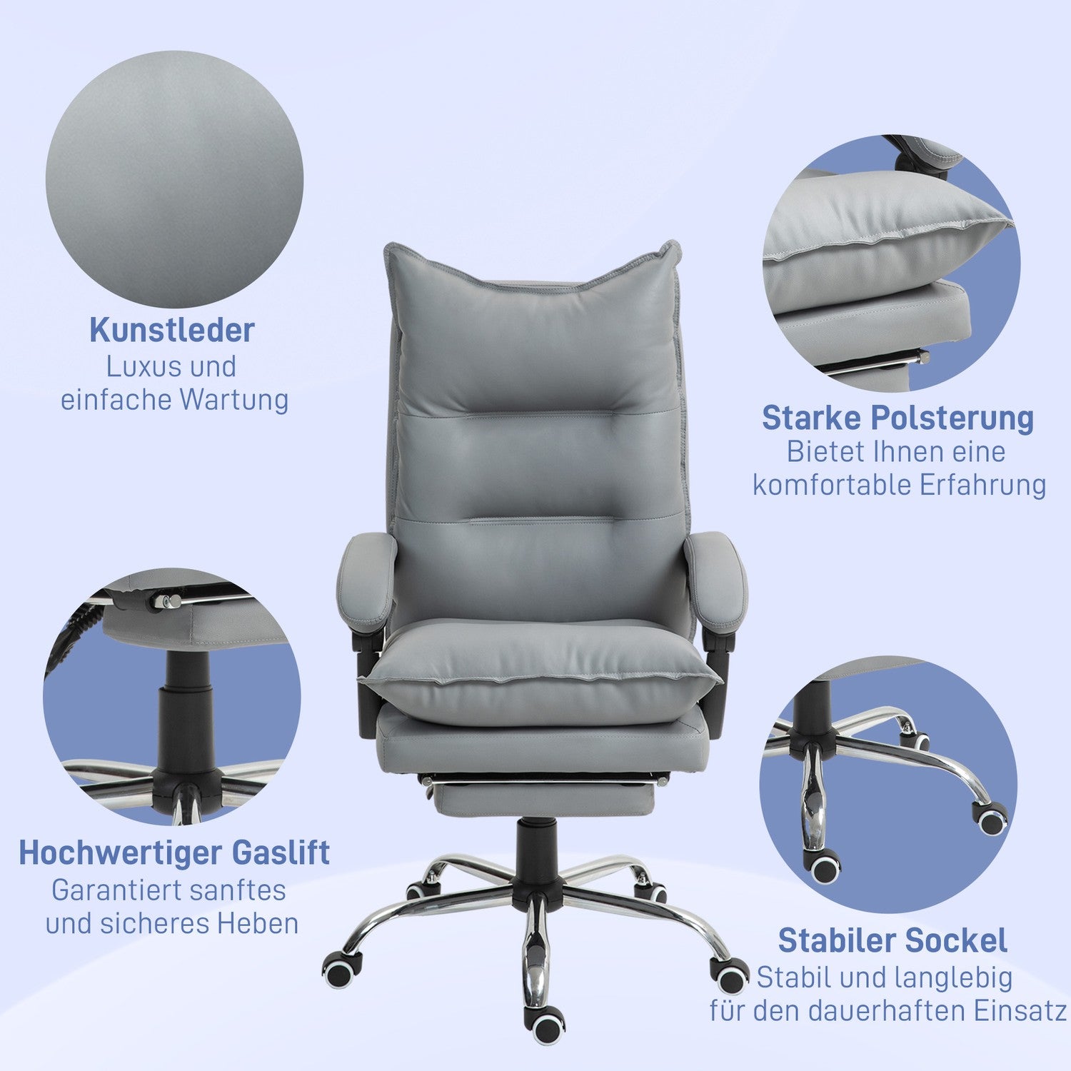 Ergonomisk kontorsstol med fotstöd, liggande och vadderat