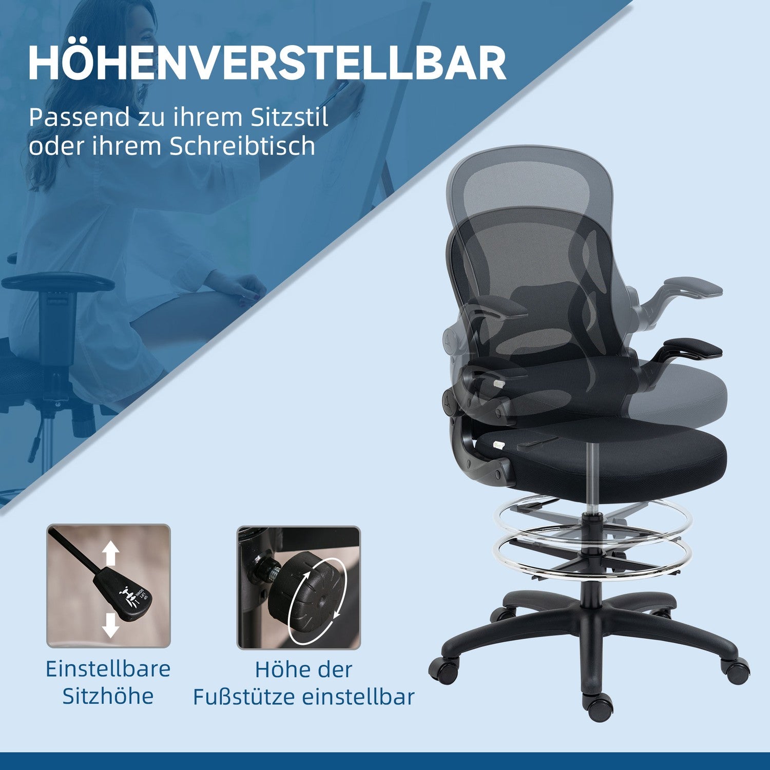 Ergonomisk kontorsstol med hjul & svankstöd, svart