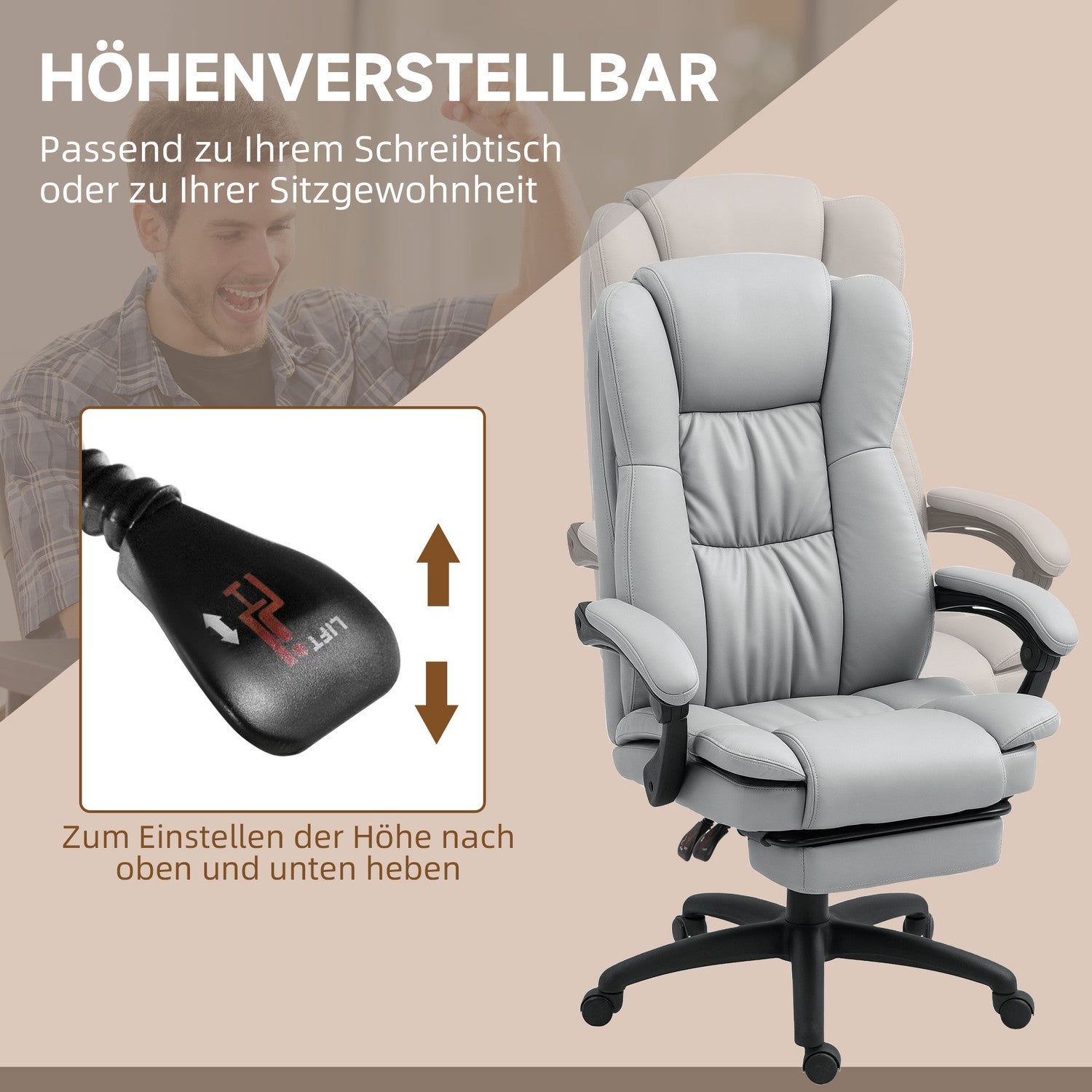 Ergonomisk kontorsstol med massage, lutning, fotstöd, grå