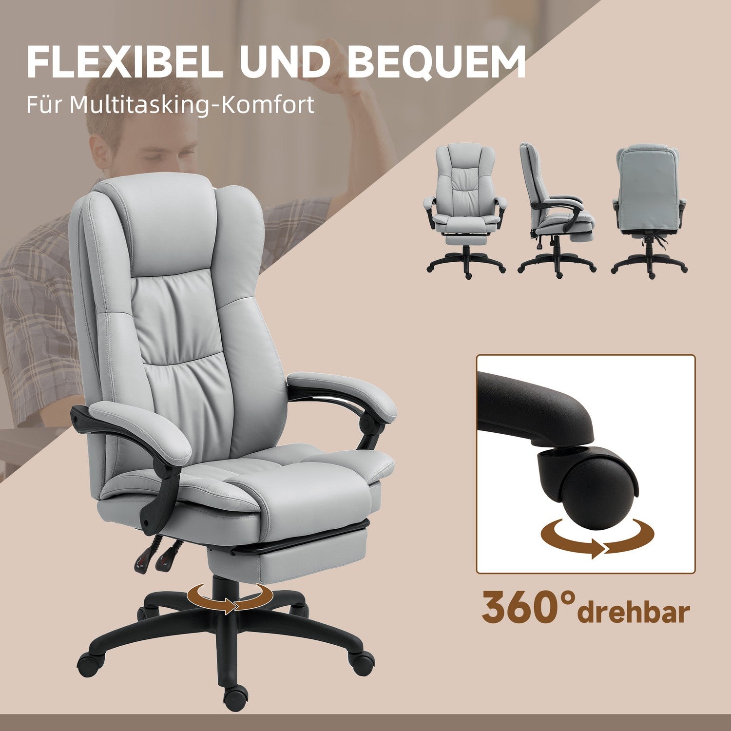 Ergonomisk kontorsstol med massage, lutning, fotstöd, grå