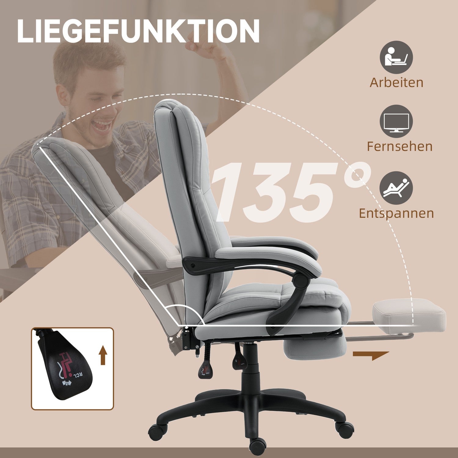 Ergonomisk kontorsstol med massage, lutning, fotstöd, grå