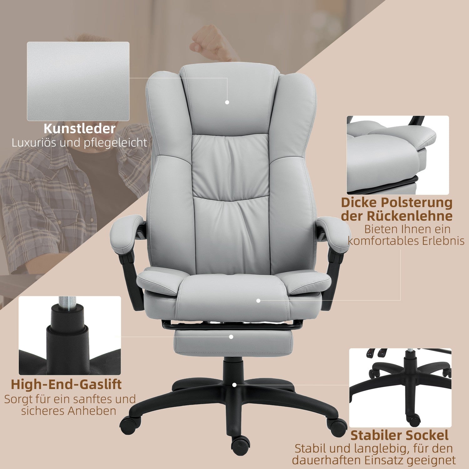 Ergonomisk kontorsstol med massage, lutning, fotstöd, grå