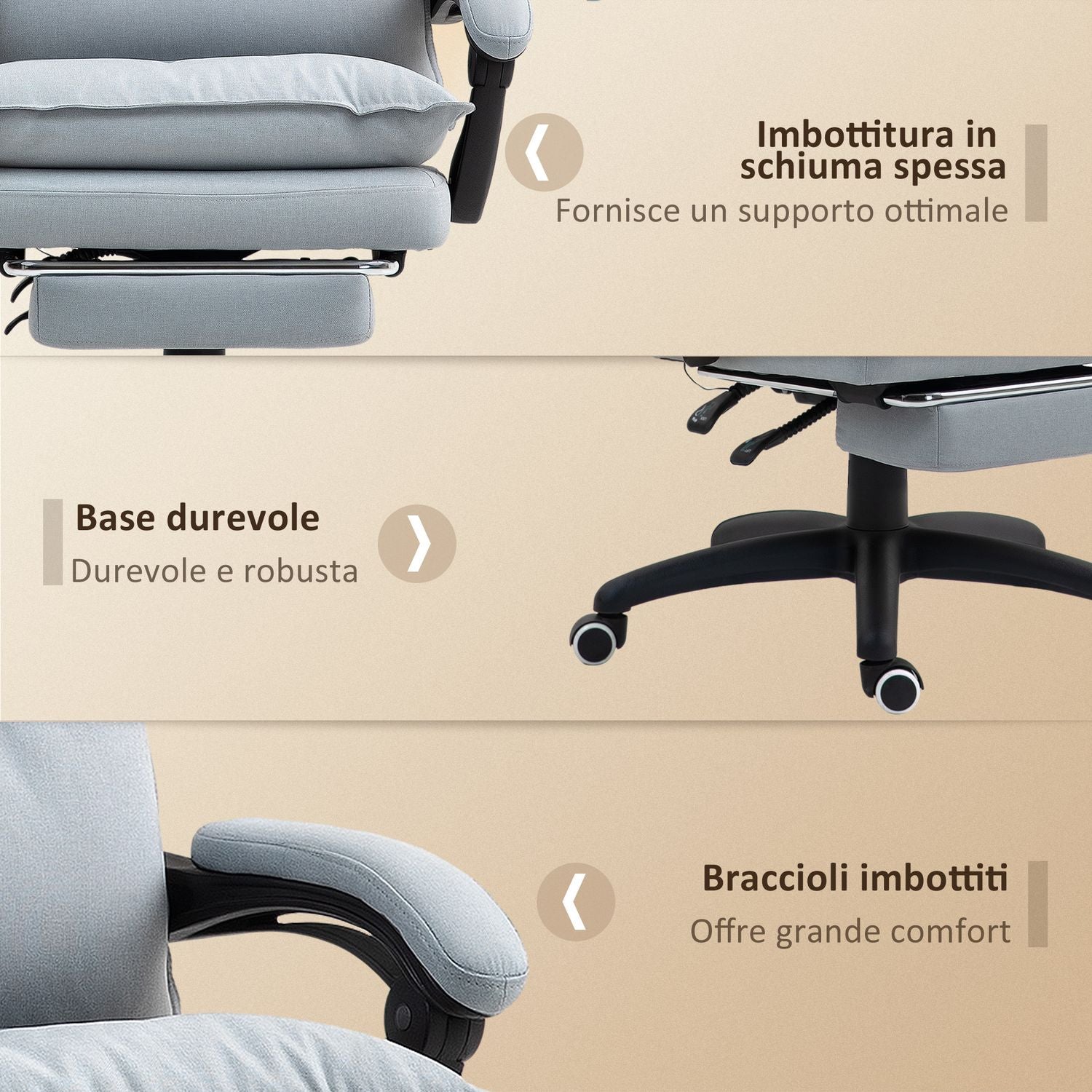 Ergonomisk kontorsstol med massage och lutning, ljusgrå