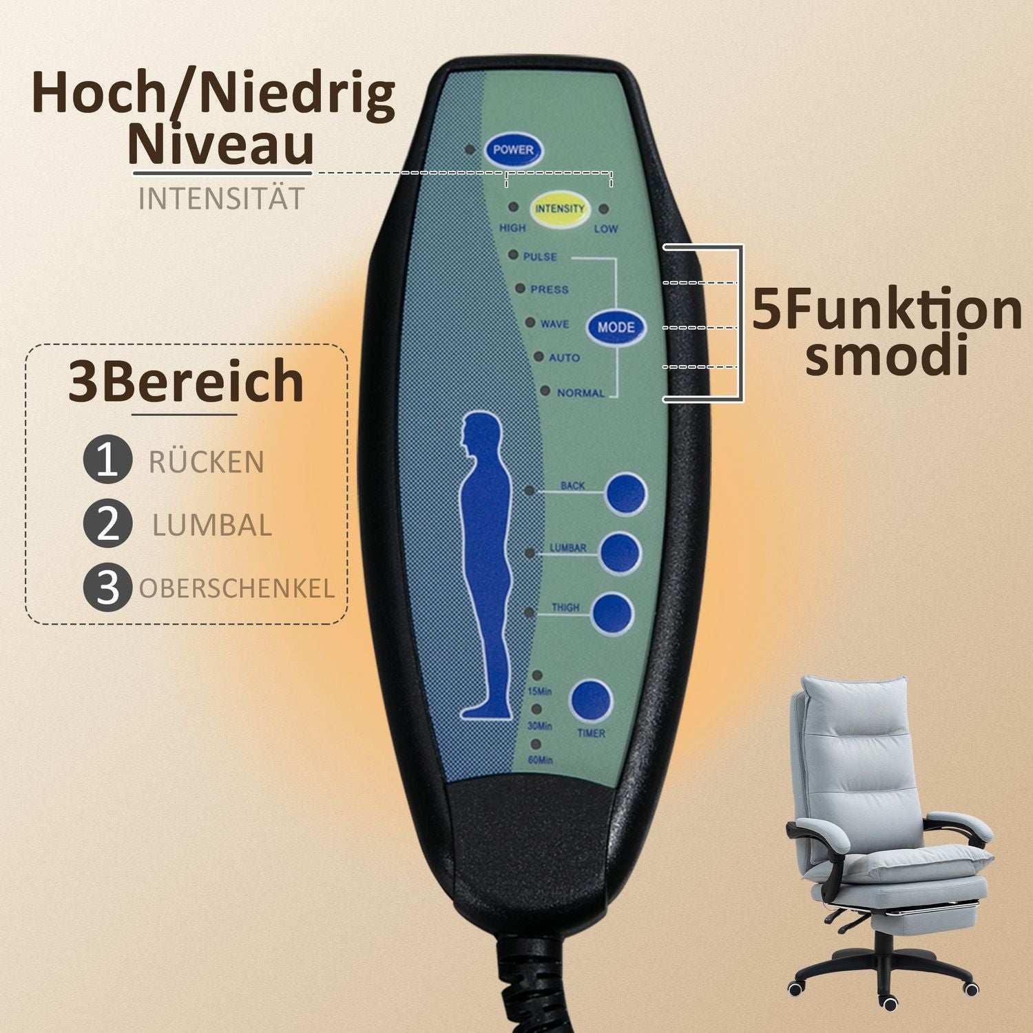 Ergonomisk kontorsstol med massage och lutning, ljusgrå