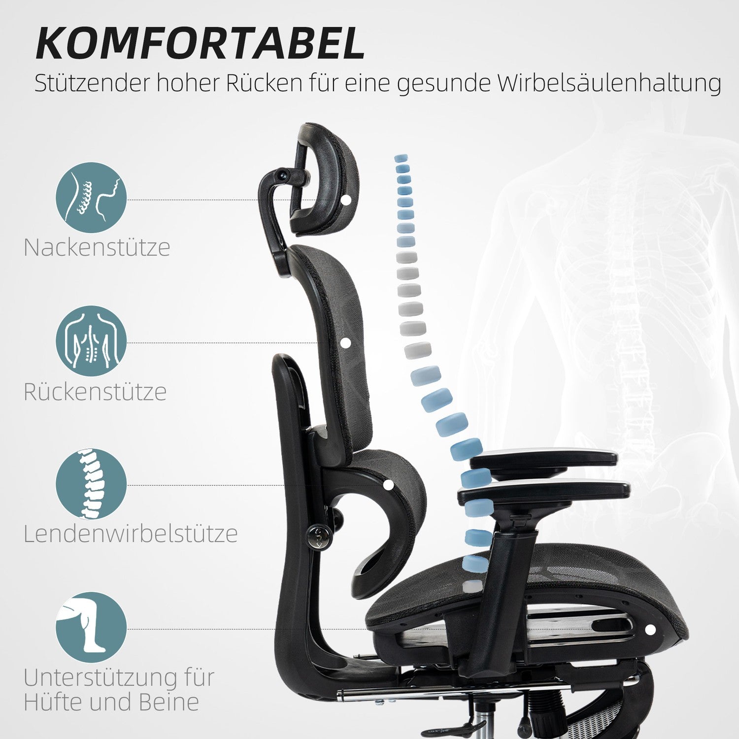 Ergonomisk kontorsstol med nackstöd, svankstöd, vridbar