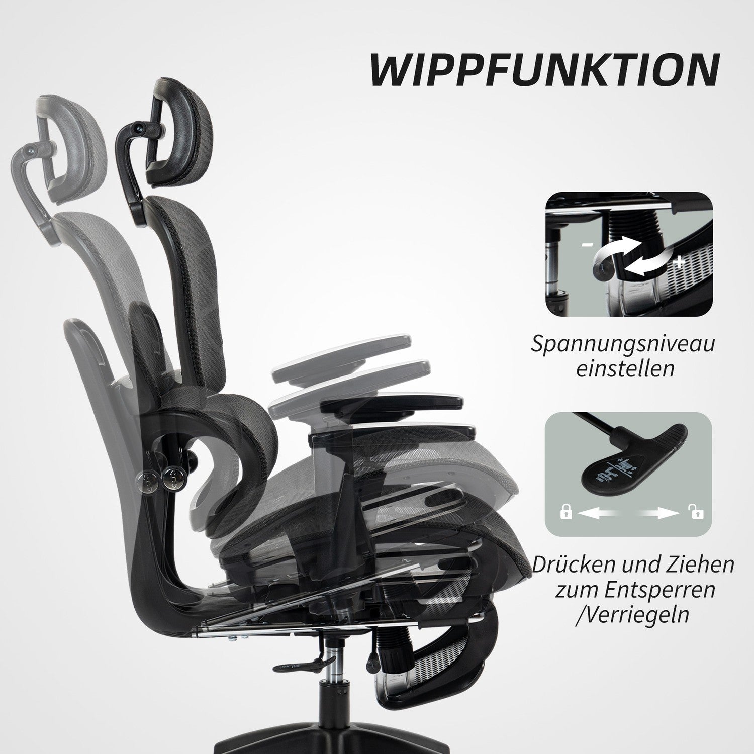 Ergonomisk kontorsstol med nackstöd, svankstöd, vridbar