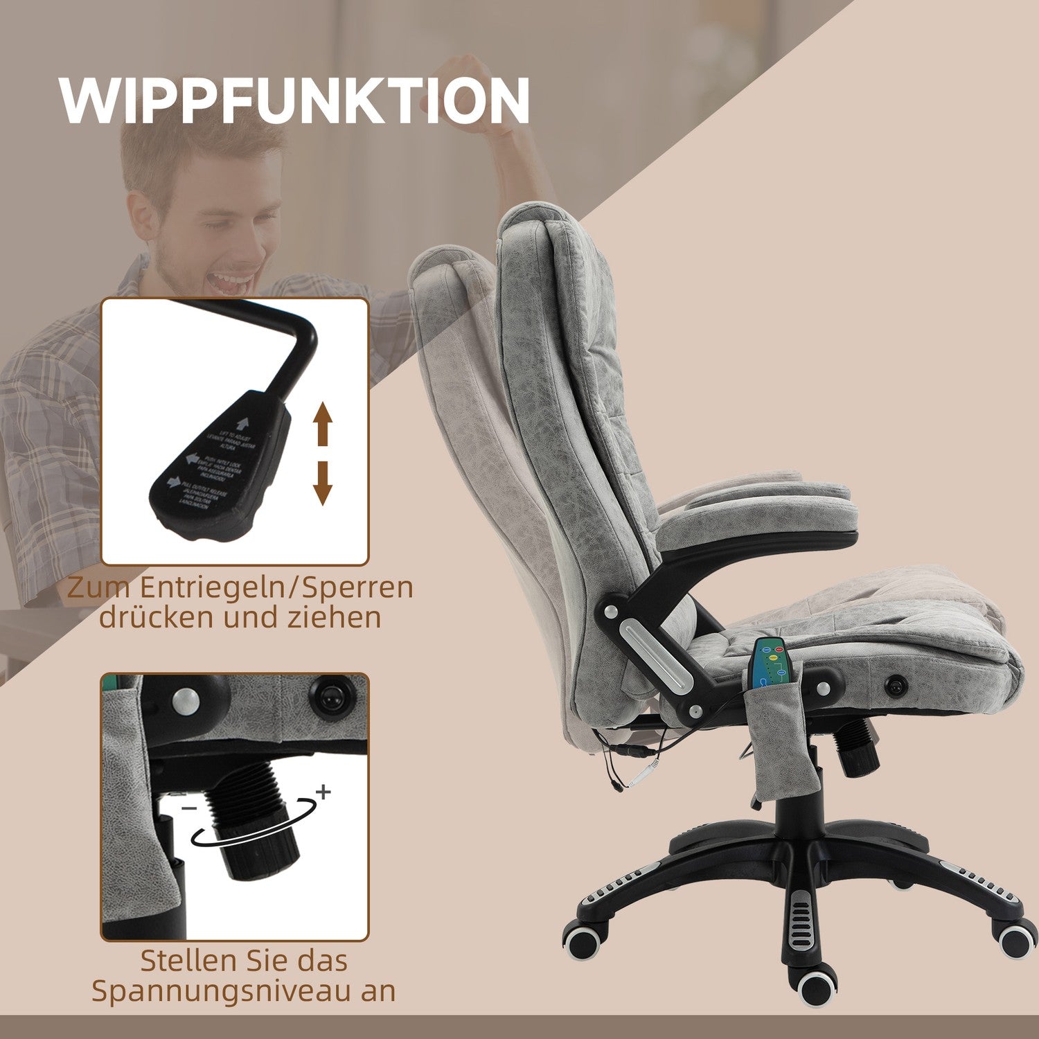 Ergonomisk kontorsstol med värme och massage, justerbar höjd