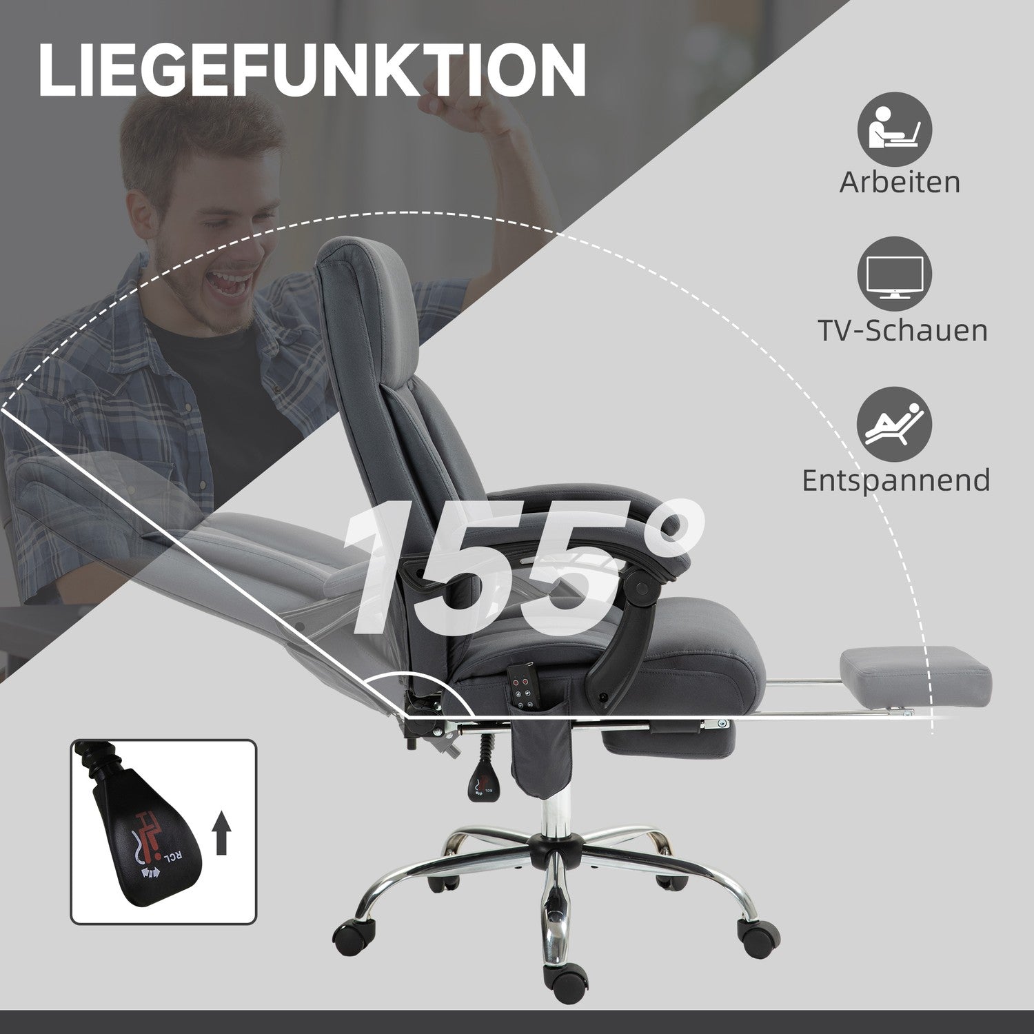 Ergonomisk kontorsstol, mörkgrå, massage & liggfunktion