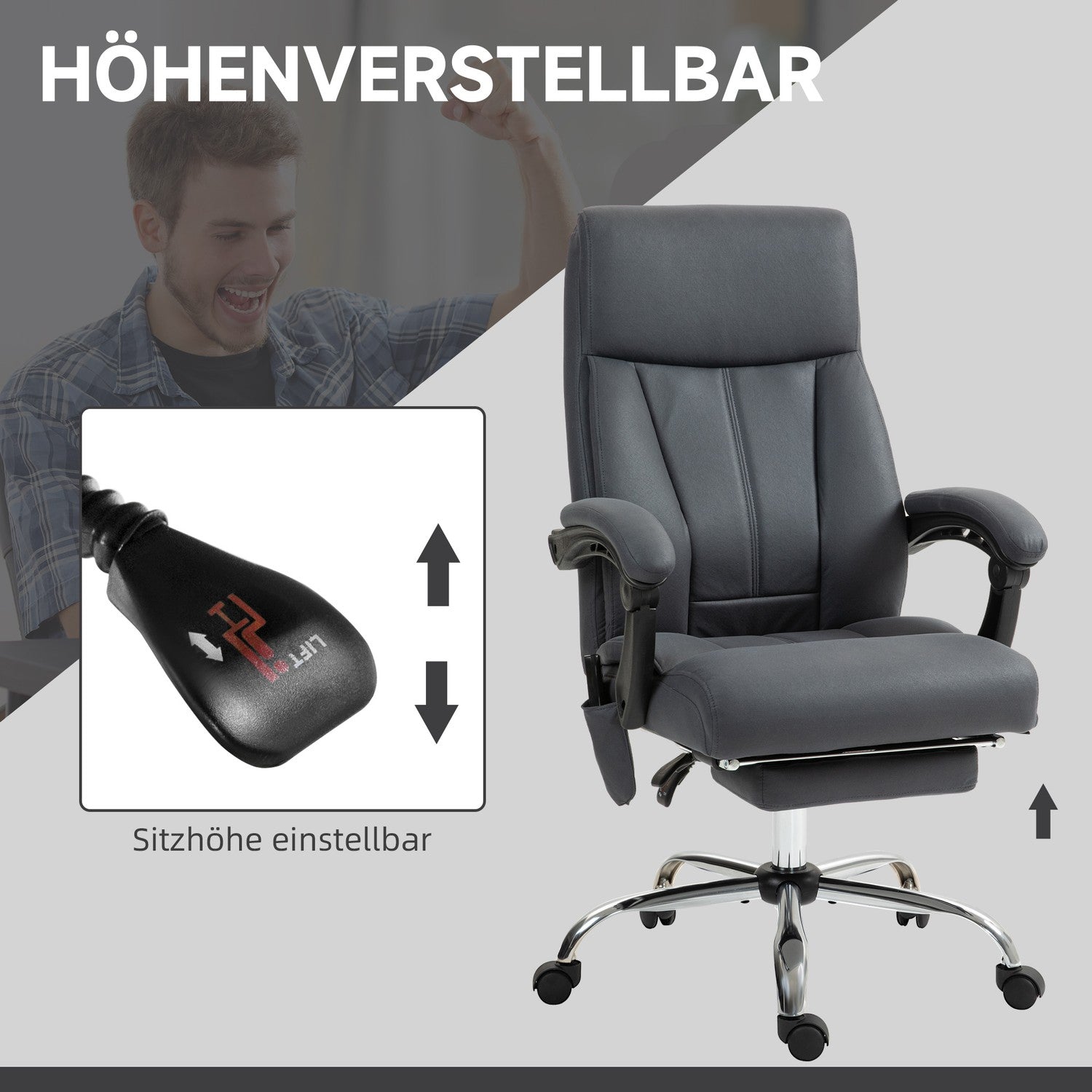 Ergonomisk kontorsstol, mörkgrå, massage & liggfunktion