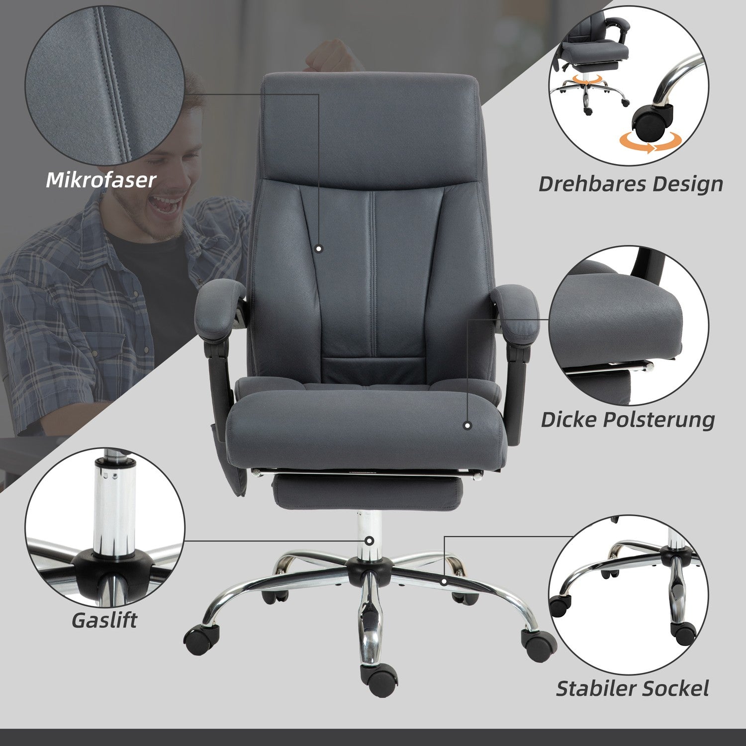Ergonomisk kontorsstol, mörkgrå, massage & liggfunktion