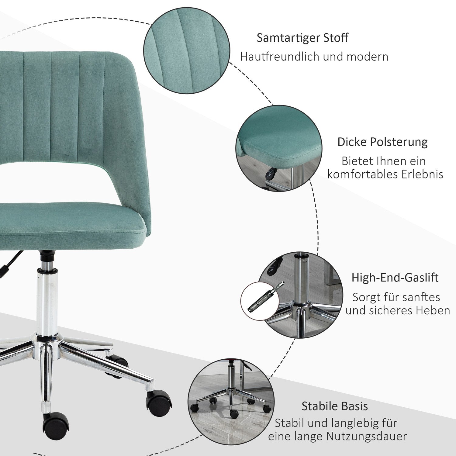 Ergonomisk skrivbordsstol i grön sammet – justerbar, inga armar