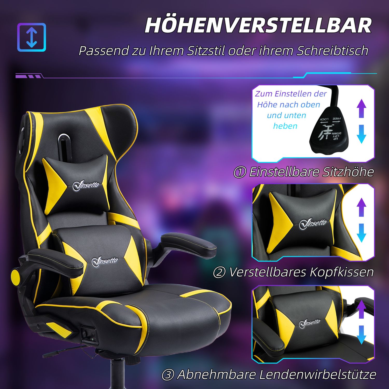 Ergonomisk spelstol med högtalare, justerbar, svart/gul