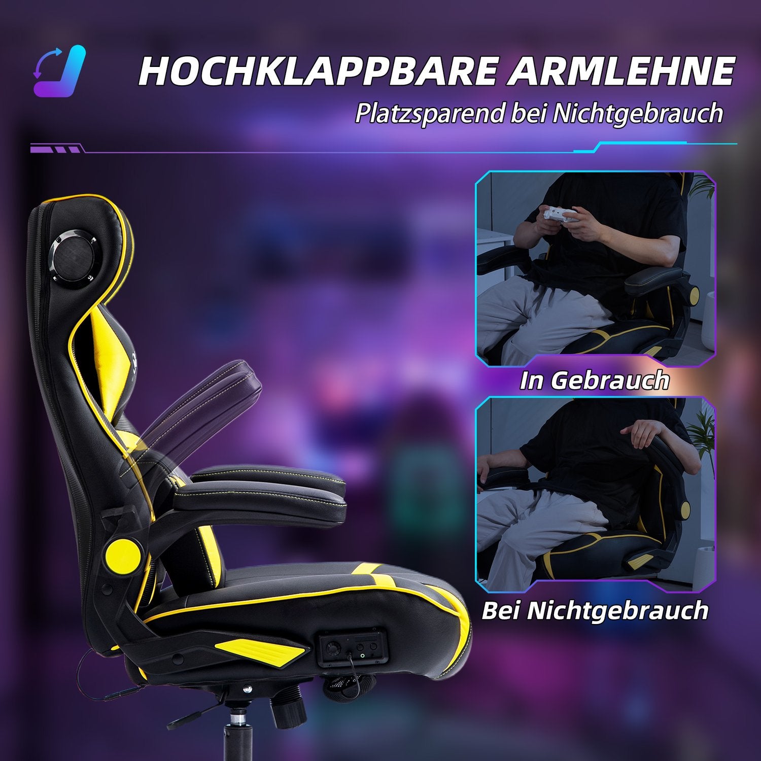 Ergonomisk spelstol med högtalare, justerbar, svart/gul