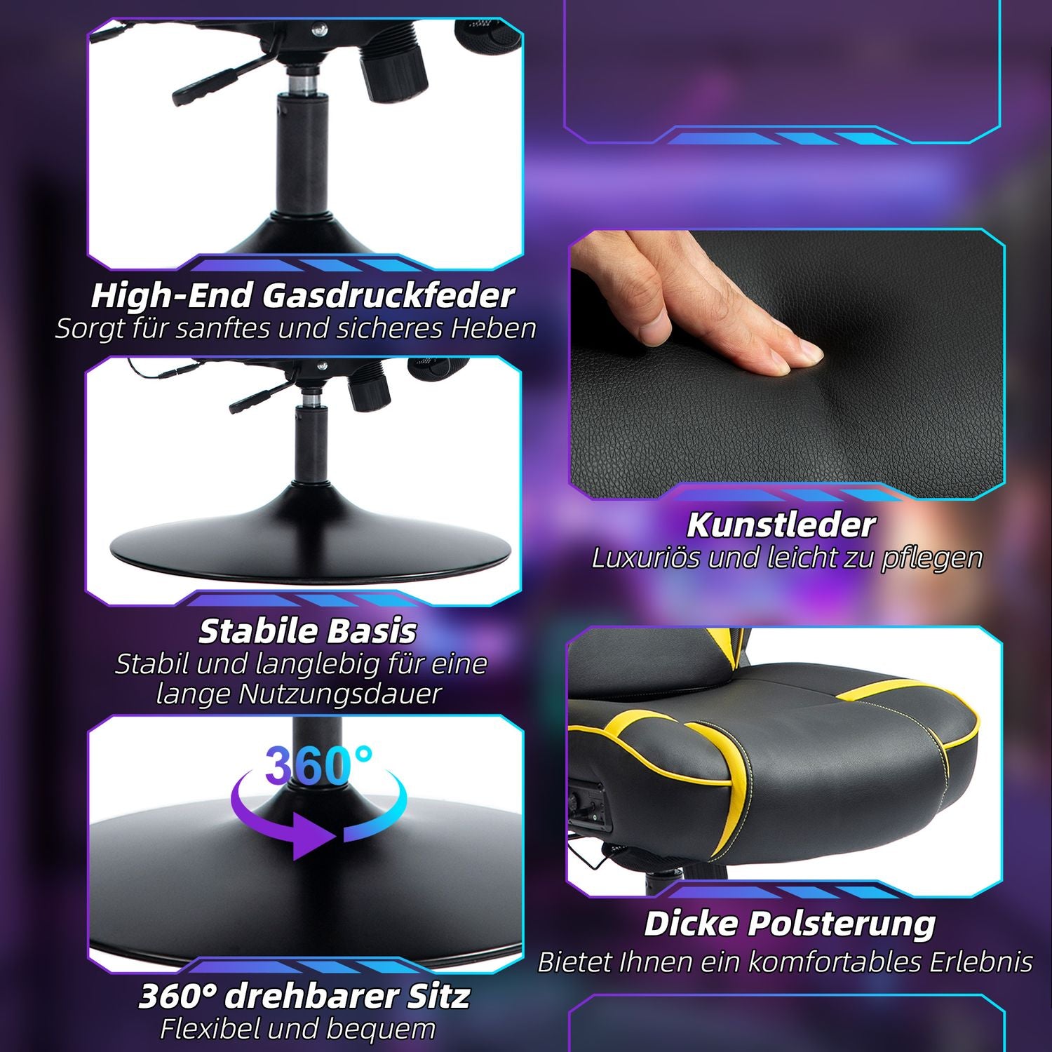 Ergonomisk spelstol med högtalare, justerbar, svart/gul
