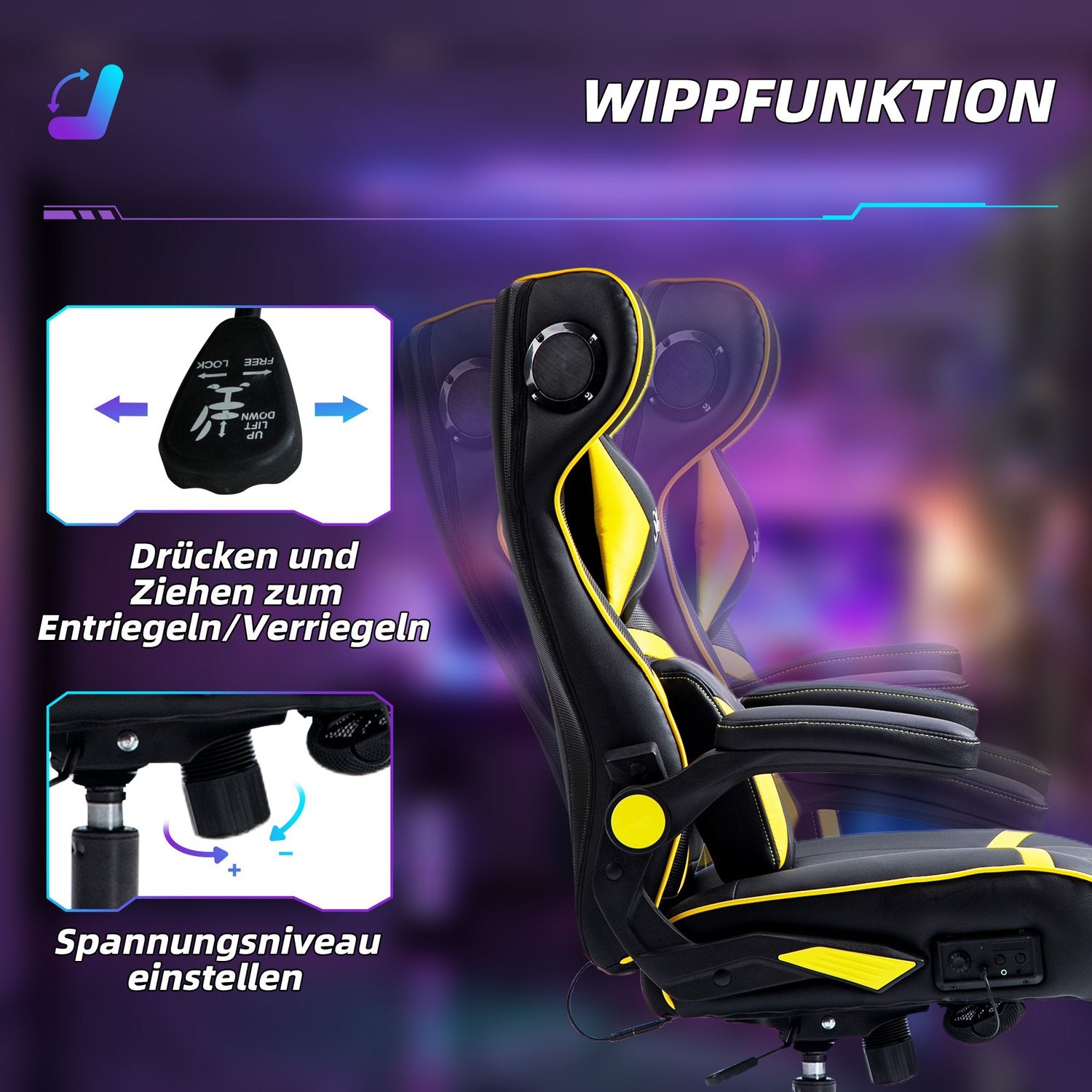 Ergonomisk spelstol med högtalare, justerbar, svart/gul