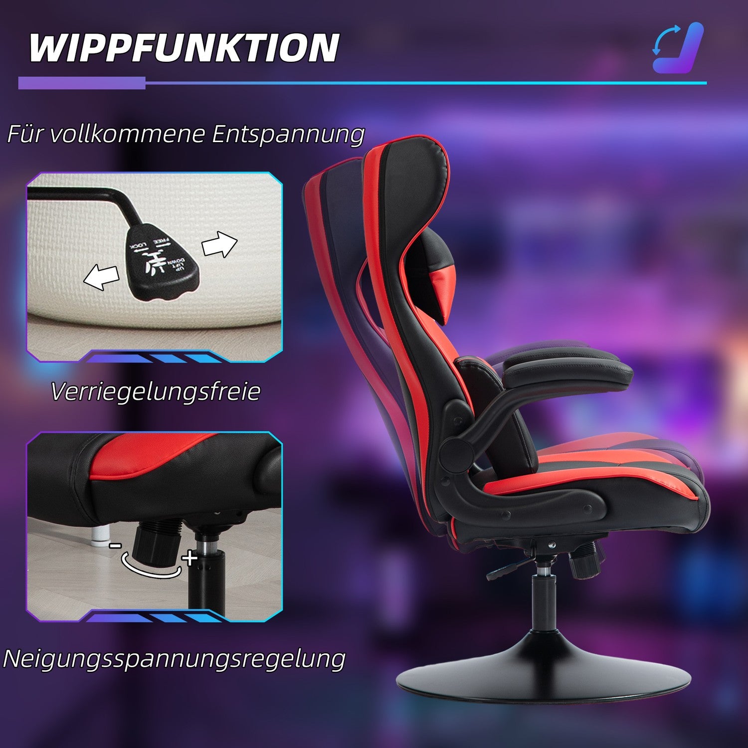 Ergonomisk spelstol med rocker, höjdjusterbar, svart/röd