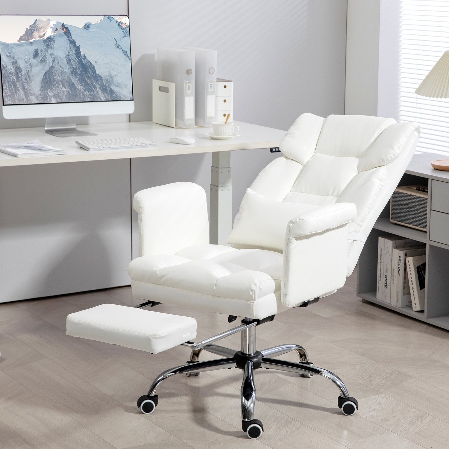 Ergonomisk vit kontorsstol, liggande & vridbar, svankstöd