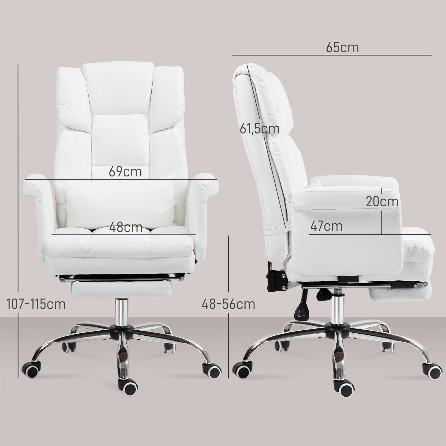 Ergonomisk vit kontorsstol, liggande & vridbar, svankstöd