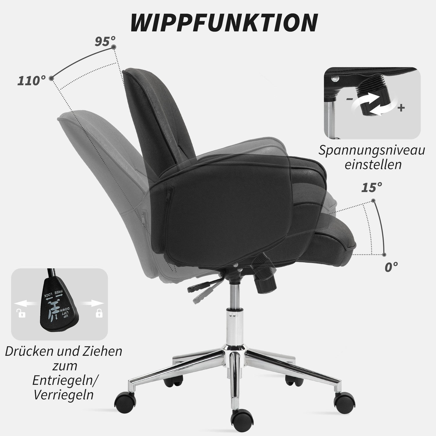 Ergonomisk vridbar kontorsstol, justerbar höjd, svart mikrofiber